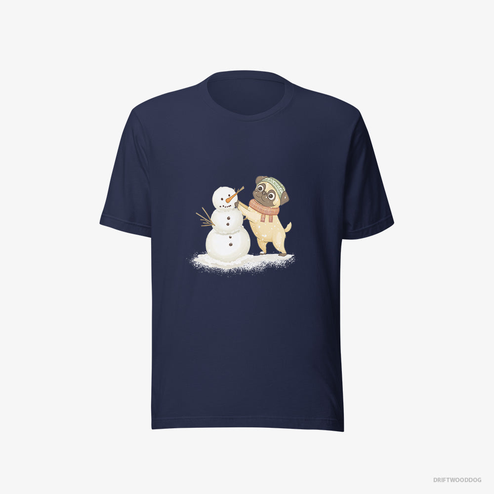 Pug T-Shirt – Women Navy T-Shirt Eco-Friendly – Putting Together a Snowman (on White Background)