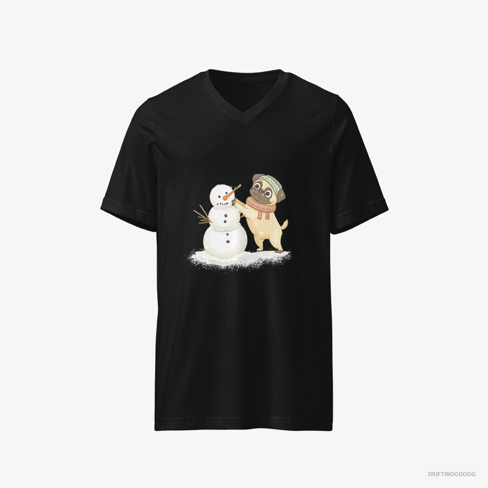 Pug T-Shirt – Men Black T-Shirt V-Neck – Putting Together a Snowman (on White Background)