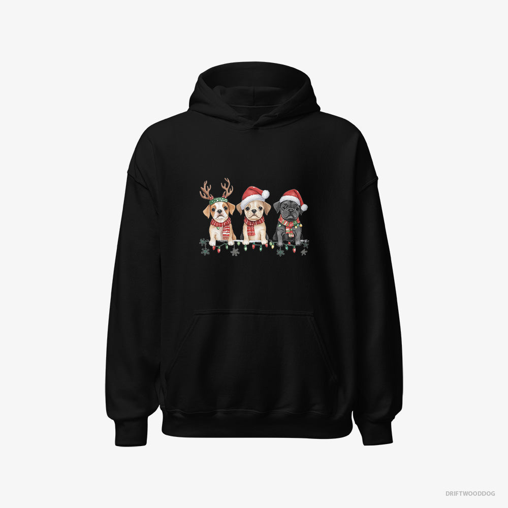 Bulldog Hoodie – Women Black Hoodie Classic – Puppies Christmas-Themed (on White Background)