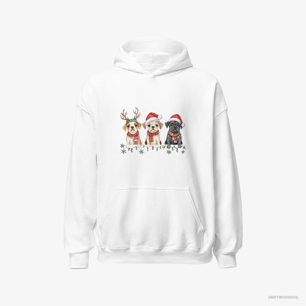 Bulldog Hoodie – Women White Hoodie Classic – Puppies Christmas-Themed (on White Background)