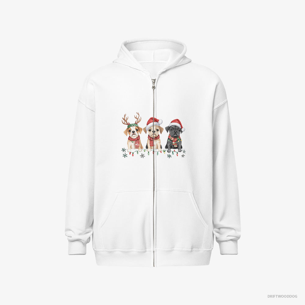 Bulldog Hoodie – Men White Hoodie Full-Zip – Puppies Christmas-Themed (on White Background)