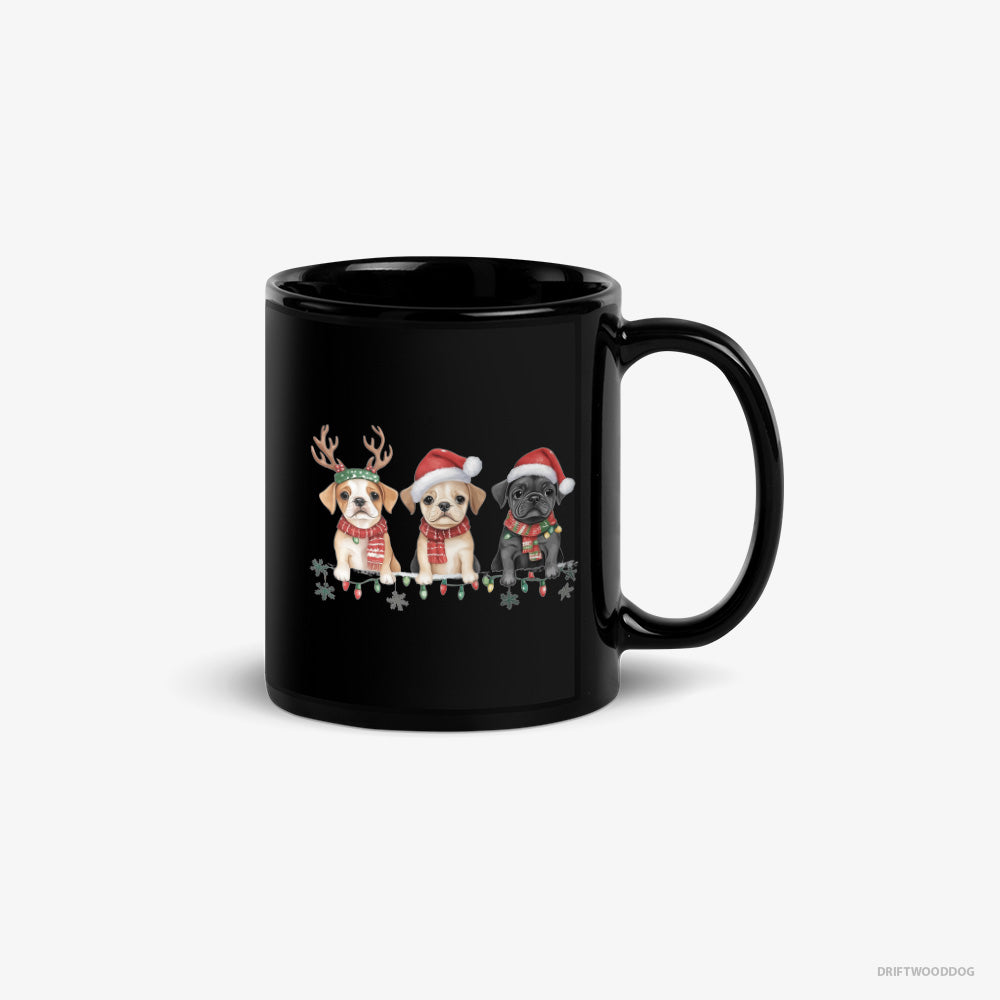 Bulldog Mug – Unisex Black Mug Classic – Puppies Christmas-Themed (on White Background)