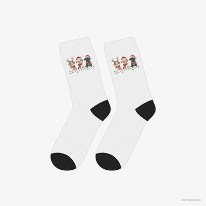 Bulldog Socks – Unisex White Socks Classic – Puppies Christmas-Themed (on White Background)