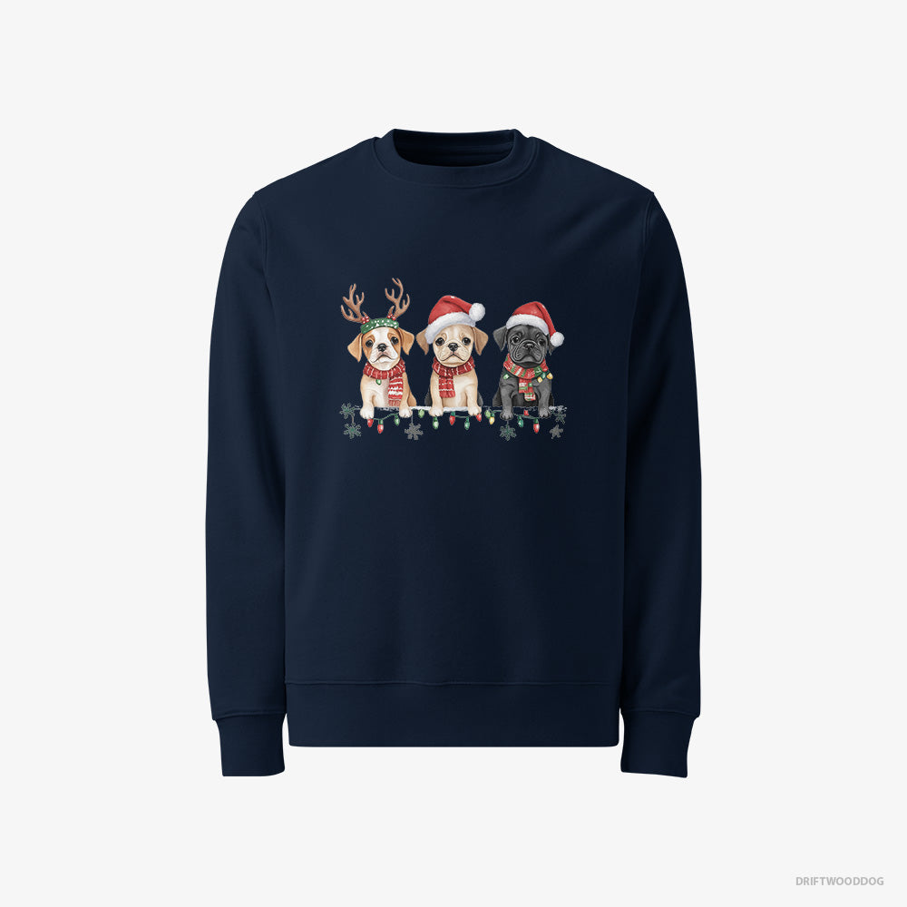 Bulldog Sweatshirt – Men Navy Sweatshirt Classic – Puppies Christmas-Themed (on White Background)