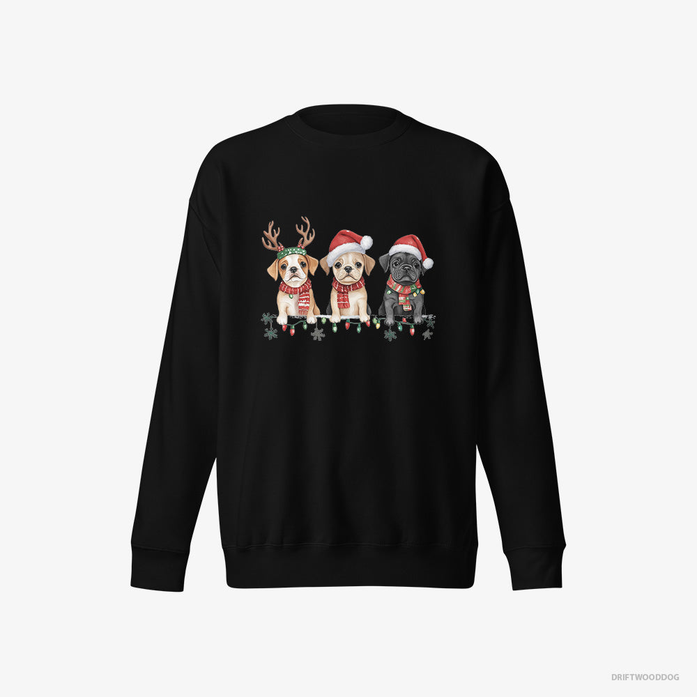 Bulldog Sweatshirt – Men Black Sweatshirt Eco-Friendly – Puppies Christmas-Themed (on White Background)