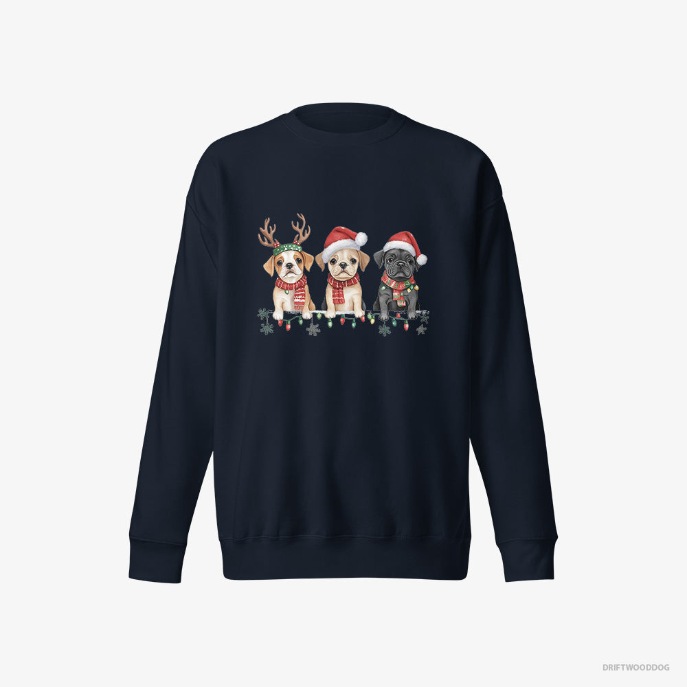 Bulldog Sweatshirt – Women Navy Sweatshirt Eco-Friendly – Puppies Christmas-Themed (on White Background)