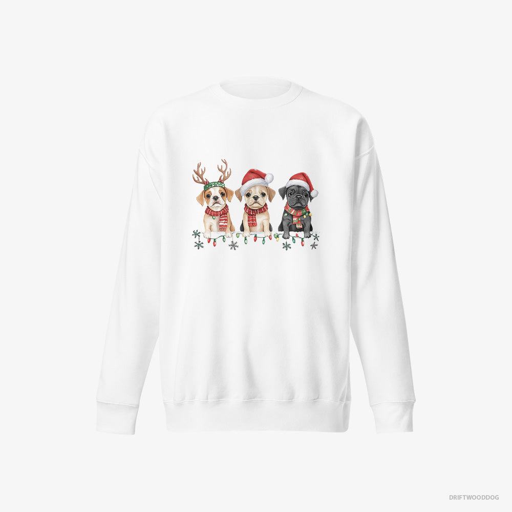 Bulldog Sweatshirt – Men White Sweatshirt Eco-Friendly – Puppies Christmas-Themed (on White Background)