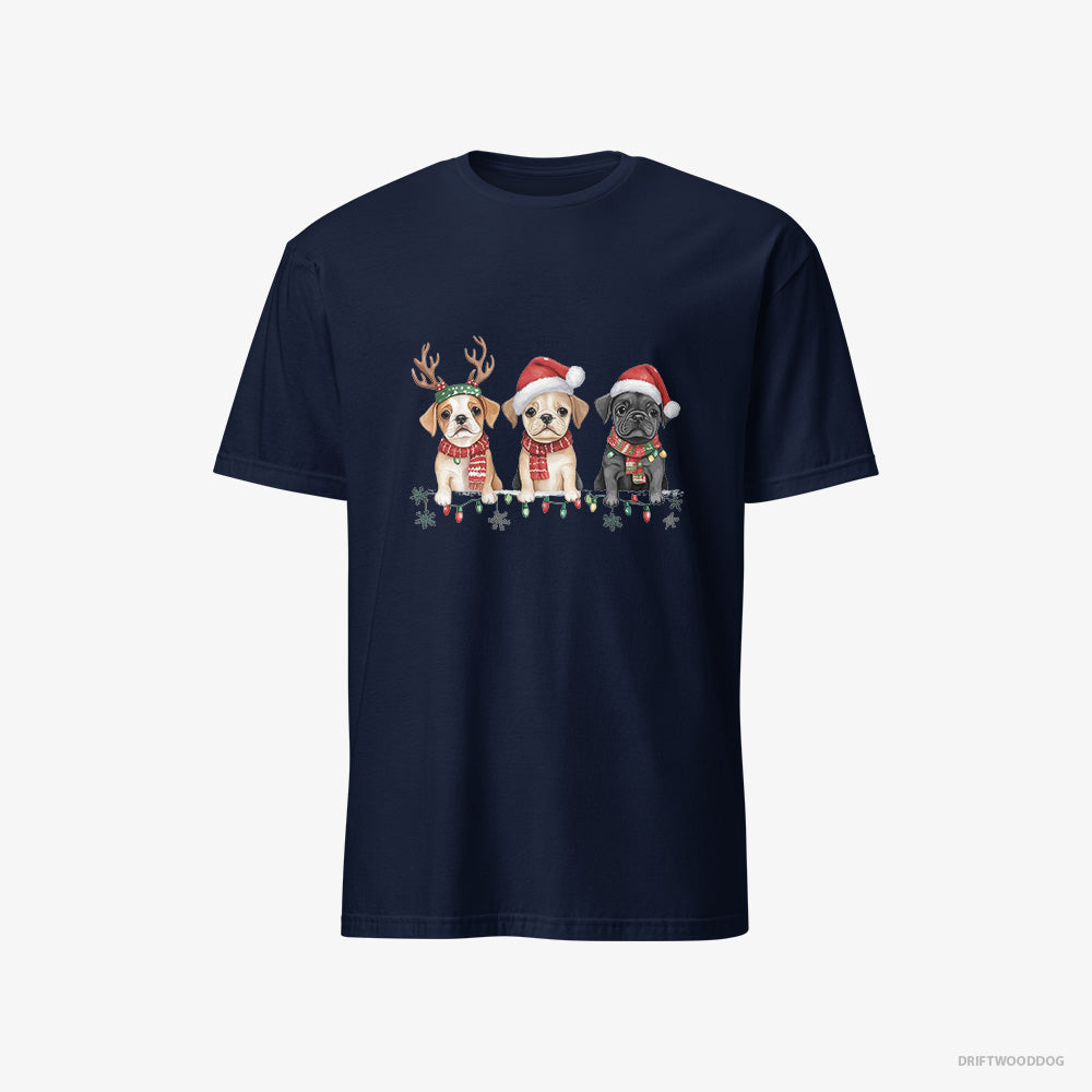 Bulldog T-Shirt – Men Navy T-Shirt Classic – Puppies Christmas-Themed (on White Background)