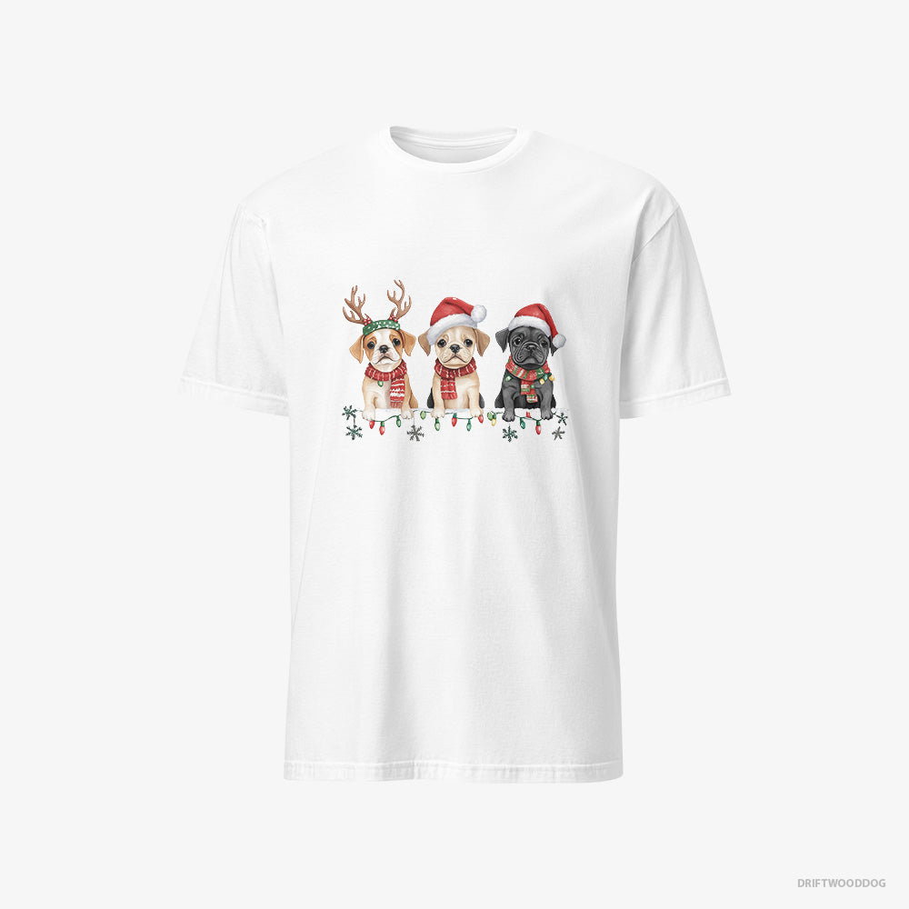 Bulldog T-Shirt – Men White T-Shirt Classic – Puppies Christmas-Themed (on White Background)