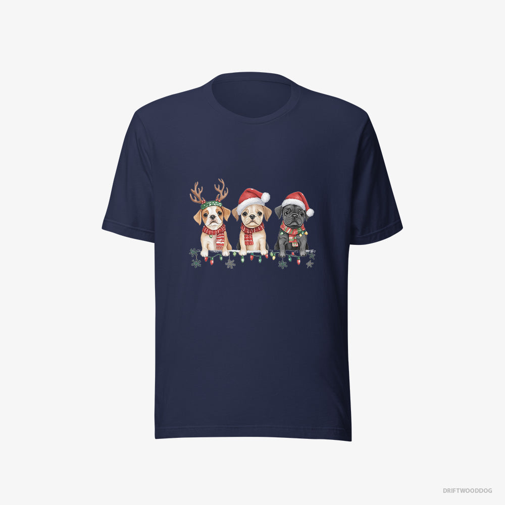 Bulldog T-Shirt – Women Navy T-Shirt Eco-Friendly – Puppies Christmas-Themed (on White Background)