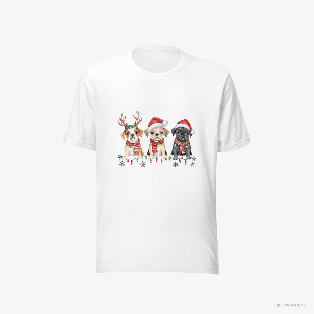 Bulldog T-Shirt – Men White T-Shirt Eco-Friendly – Puppies Christmas-Themed (on White Background)