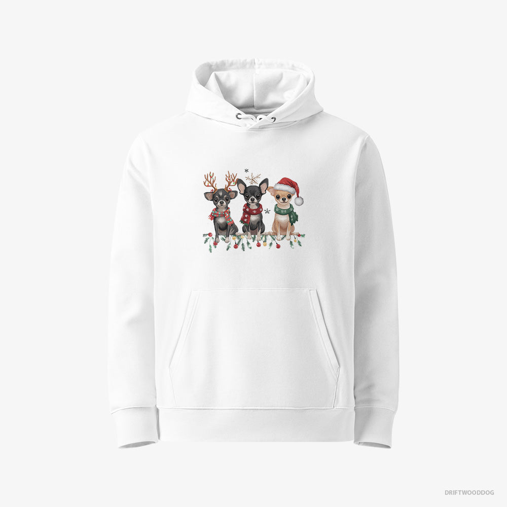 Chihuahua Hoodie – Women White Hoodie Eco-Friendly – Puppies Spreading Christmas Joy (on White Background)