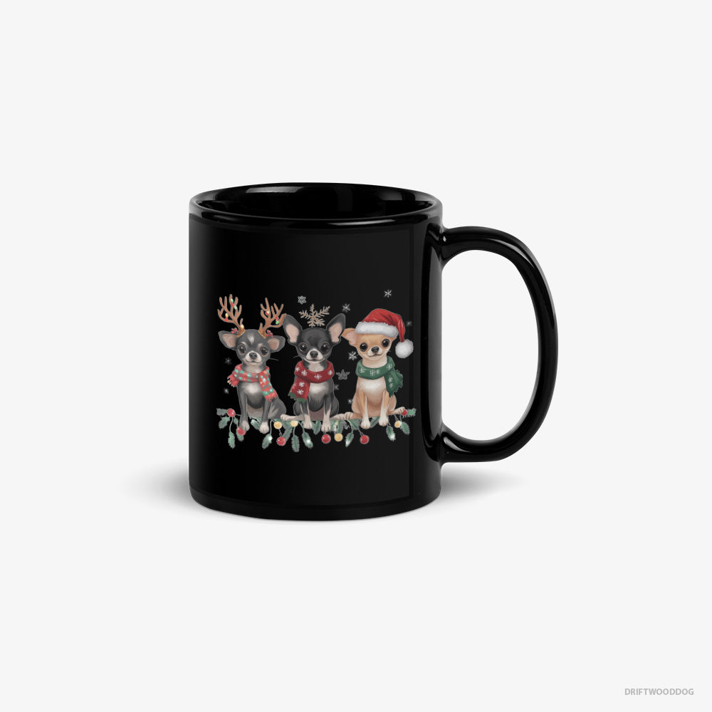 Chihuahua Mug – Unisex Black Mug Classic – Puppies Spreading Christmas Joy (on White Background)