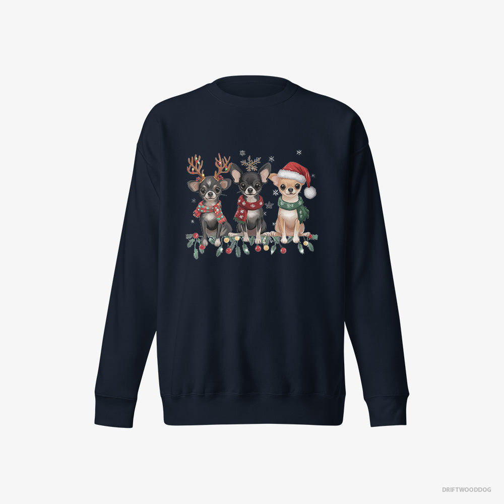 Chihuahua Sweatshirt – Women Navy Sweatshirt Eco-Friendly – Puppies Spreading Christmas Joy (on White Background)