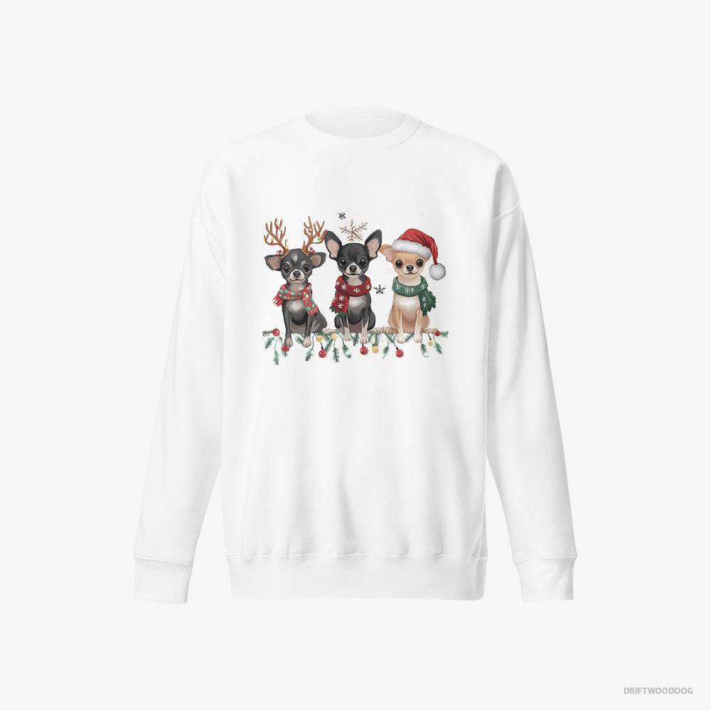 Chihuahua Sweatshirt – Men White Sweatshirt Eco-Friendly – Puppies Spreading Christmas Joy (on White Background)