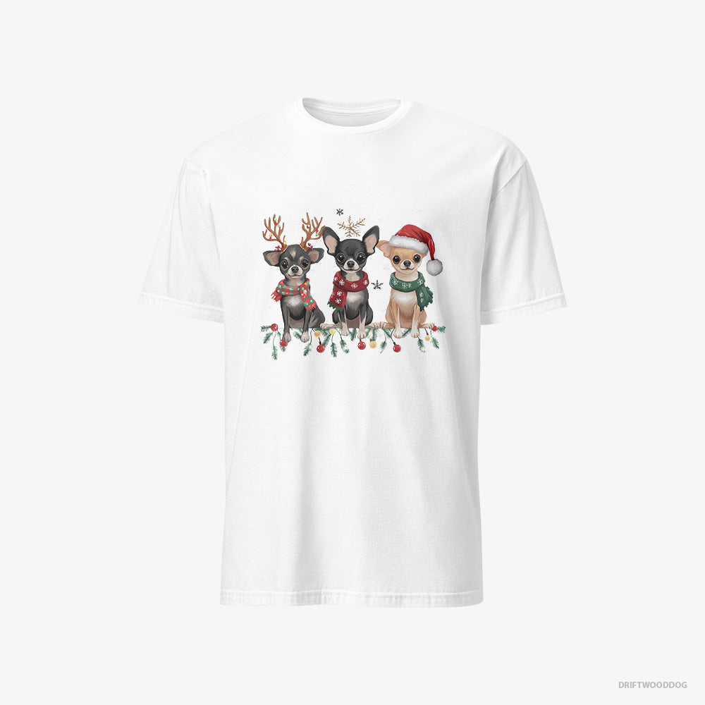 Chihuahua T-Shirt – Men White T-Shirt Classic – Puppies Spreading Christmas Joy (on White Background)