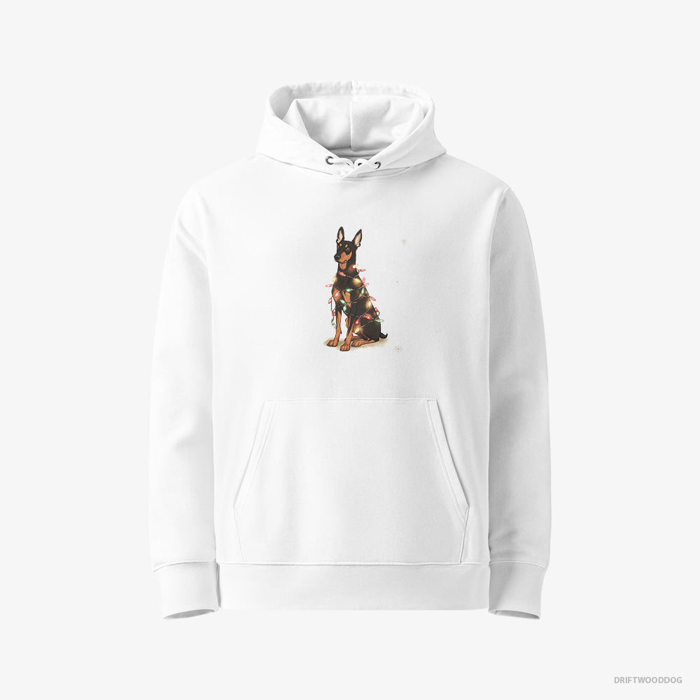 Dobermann Hoodie – Women White Hoodie Eco-Friendly – Wrapped Up in Christmas Garland (on White Background)