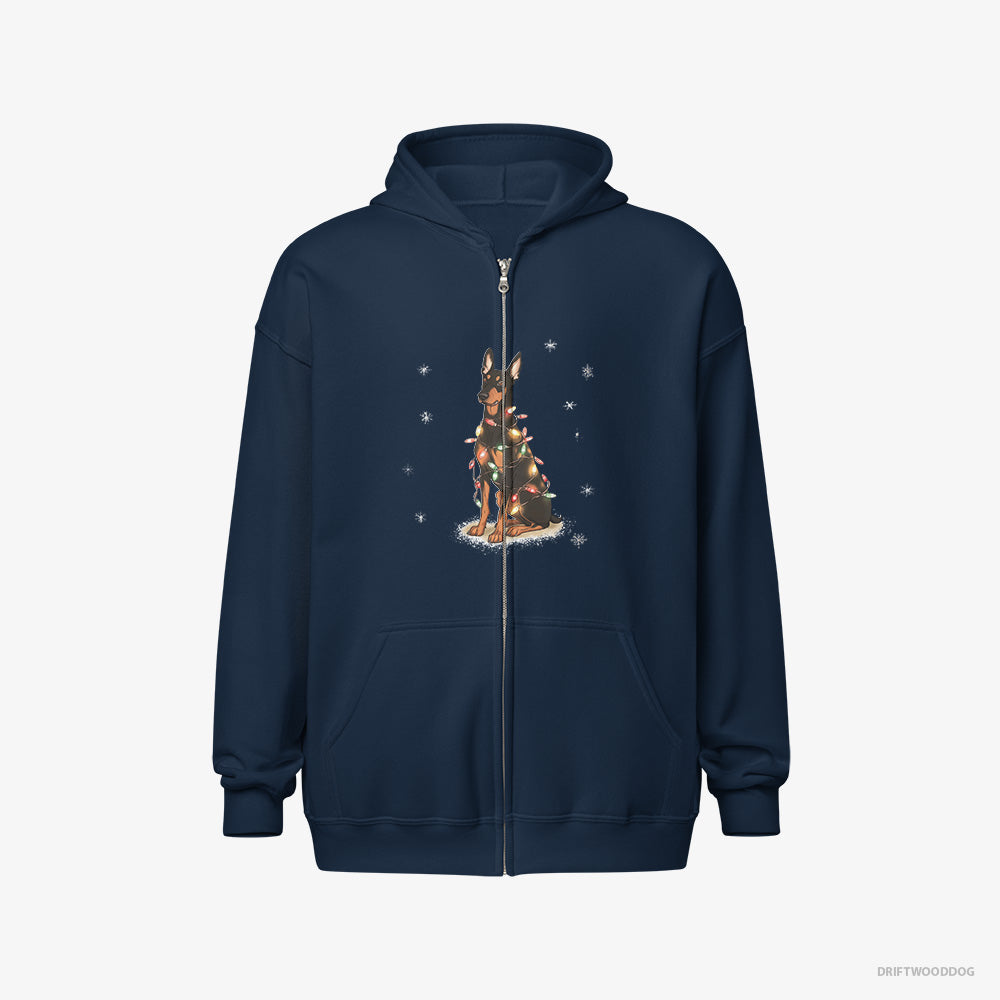 Dobermann Hoodie – Men Navy Hoodie Full-Zip – Wrapped Up in Christmas Garland (on White Background)