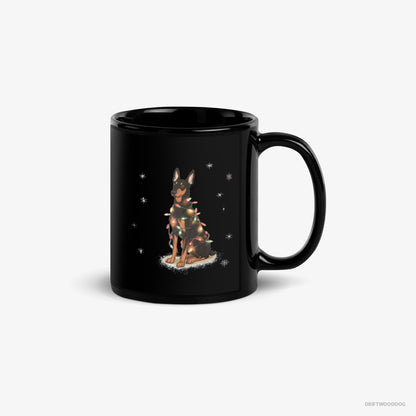 Dobermann Mug – Unisex Black Mug Classic – Wrapped Up in Christmas Garland (on White Background)