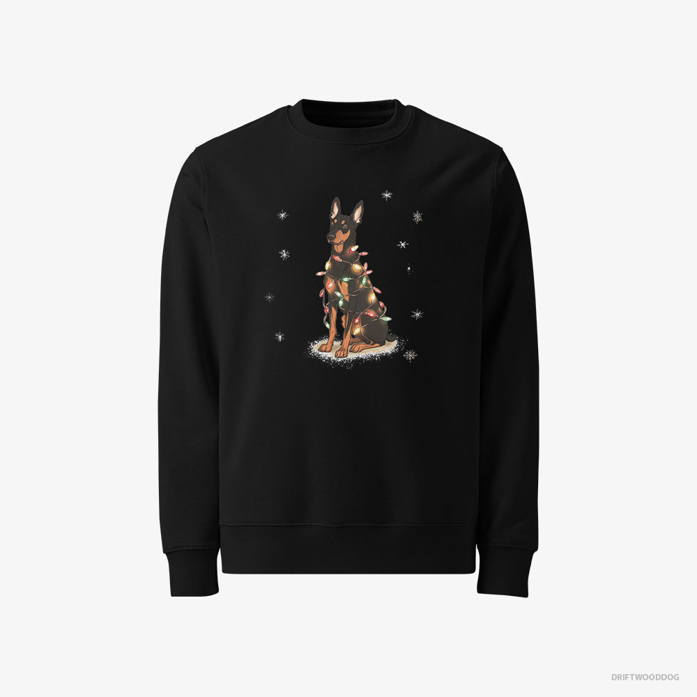 Dobermann Sweatshirt – Men Black Sweatshirt Classic – Wrapped Up in Christmas Garland (on White Background)