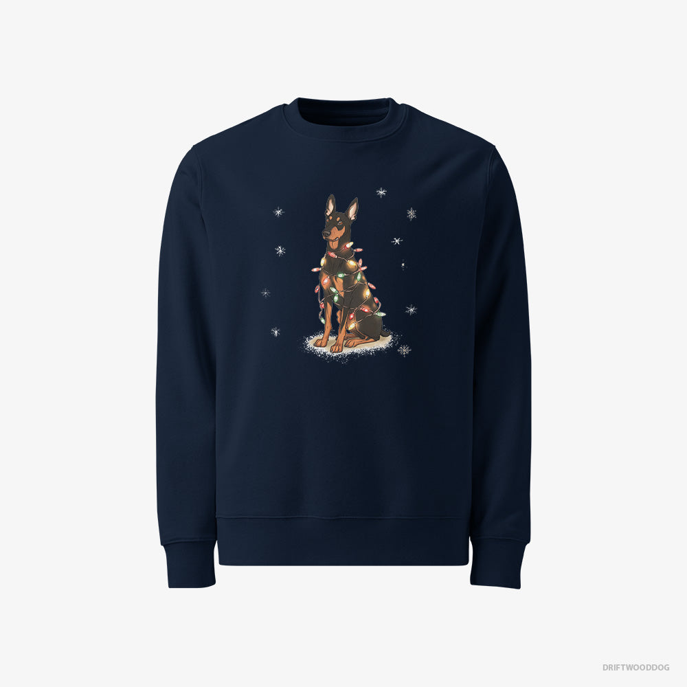 Dobermann Sweatshirt – Men Navy Sweatshirt Classic – Wrapped Up in Christmas Garland (on White Background)