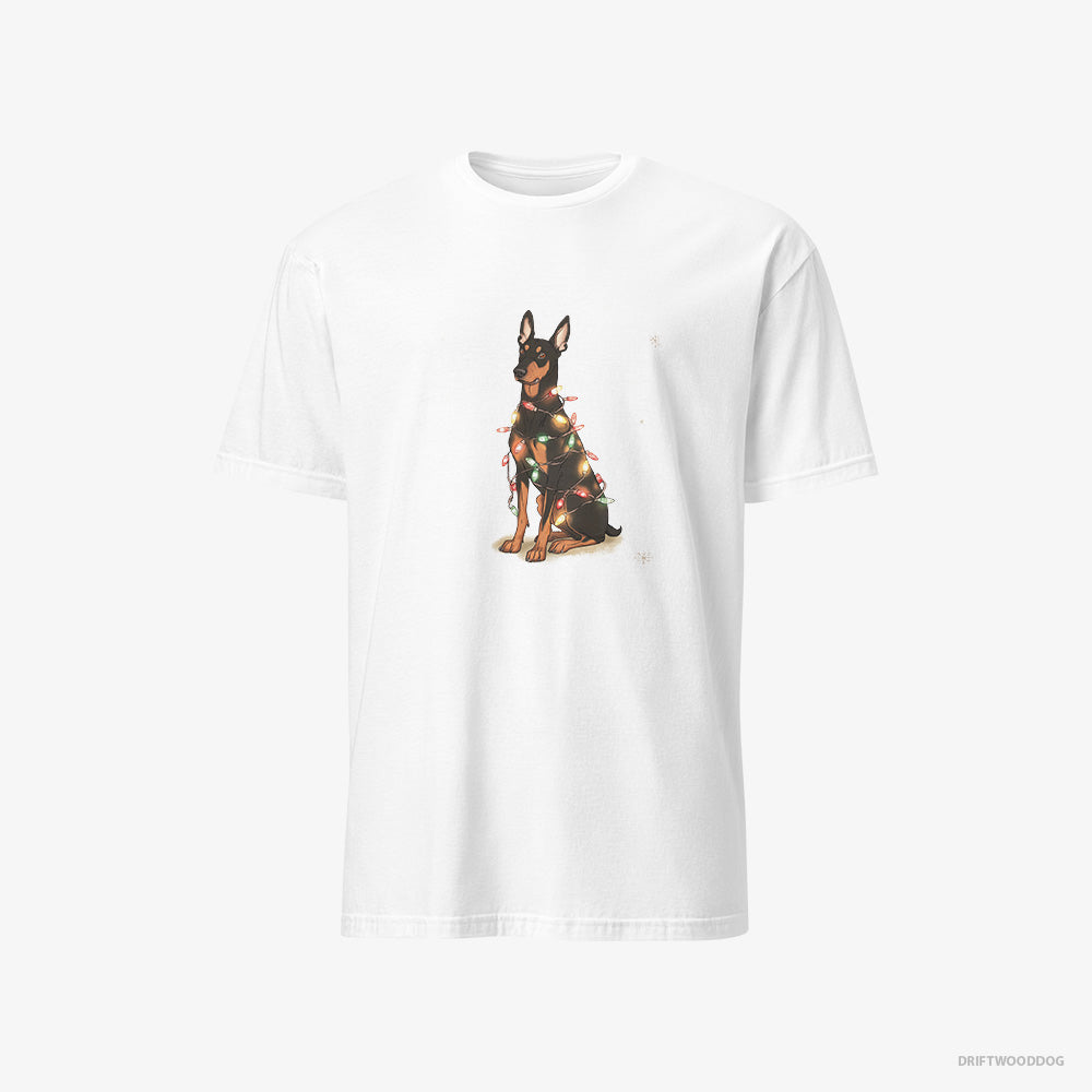 Dobermann T-Shirt – Men White T-Shirt Classic – Wrapped Up in Christmas Garland (on White Background)