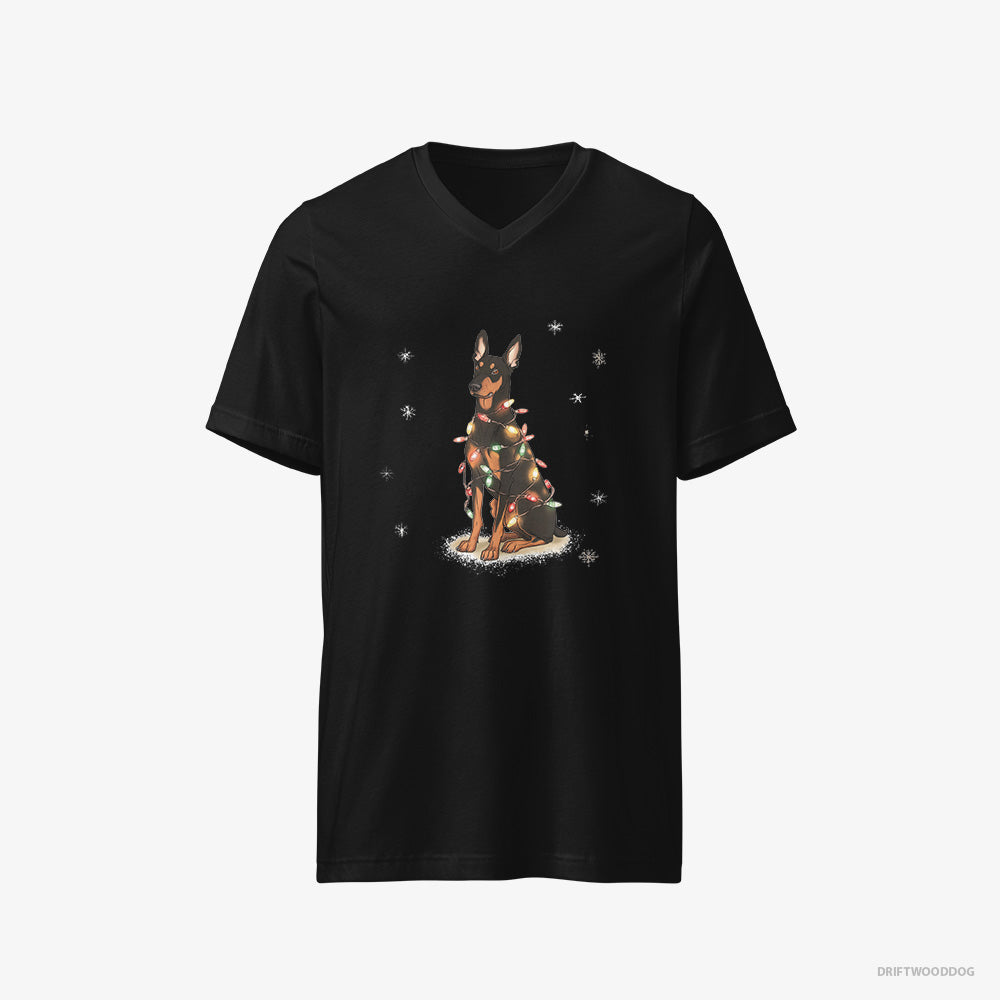 Dobermann T-Shirt – Men Black T-Shirt V-Neck – Wrapped Up in Christmas Garland (on White Background)