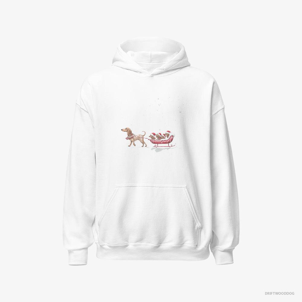 Dachshund Hoodie – Men White Hoodie Classic – Sledding with Little Puppies (on White Background)