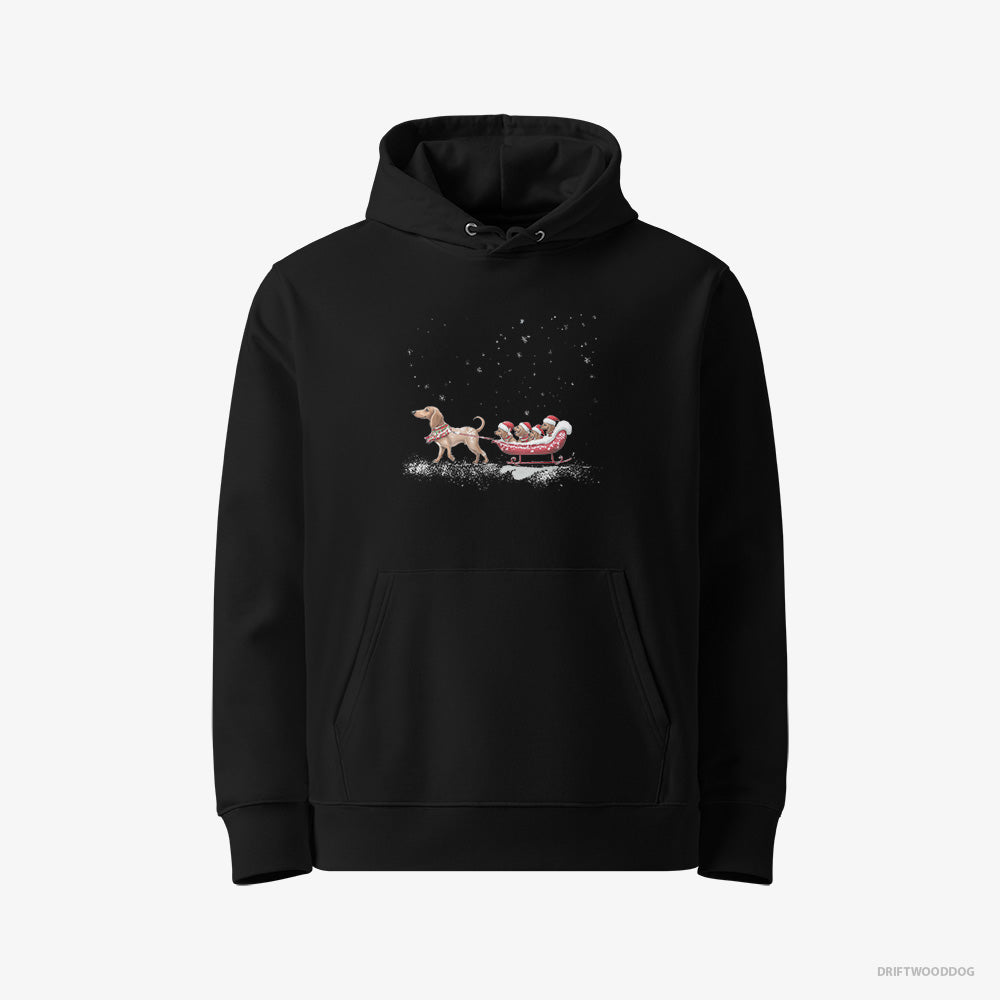 Dachshund Hoodie – Men Black Hoodie Eco-Friendly – Sledding with Little Puppies (on White Background)