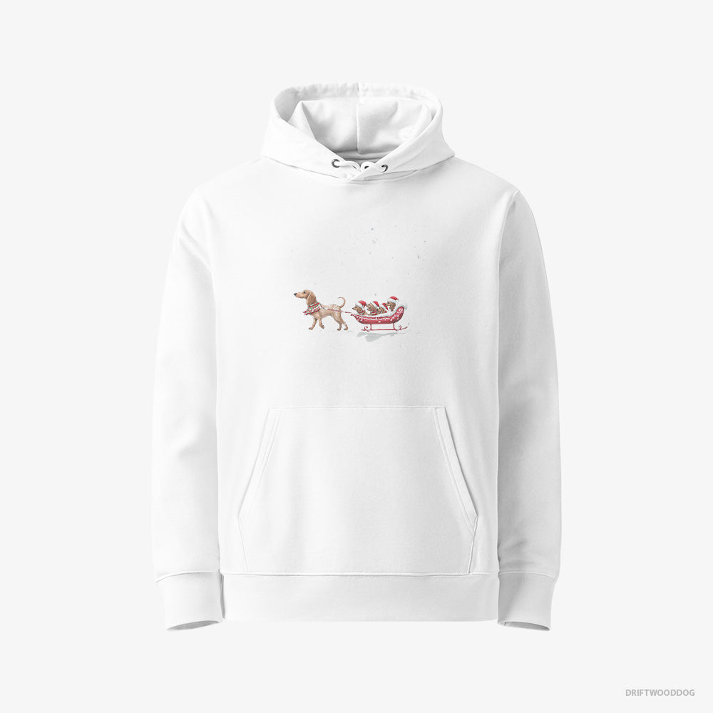 Dachshund Hoodie – Women White Hoodie Eco-Friendly – Sledding with Little Puppies (on White Background)