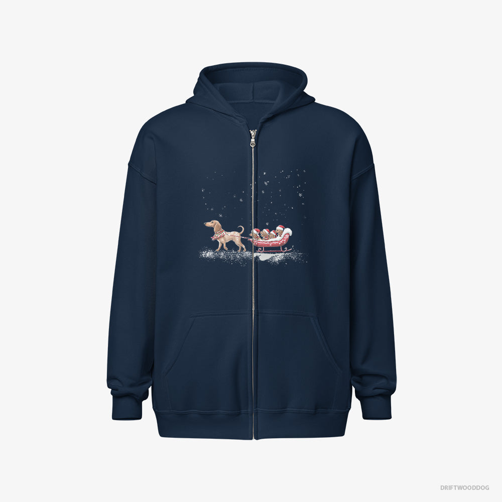 Dachshund Hoodie – Men Navy Hoodie Full-Zip – Sledding with Little Puppies (on White Background)