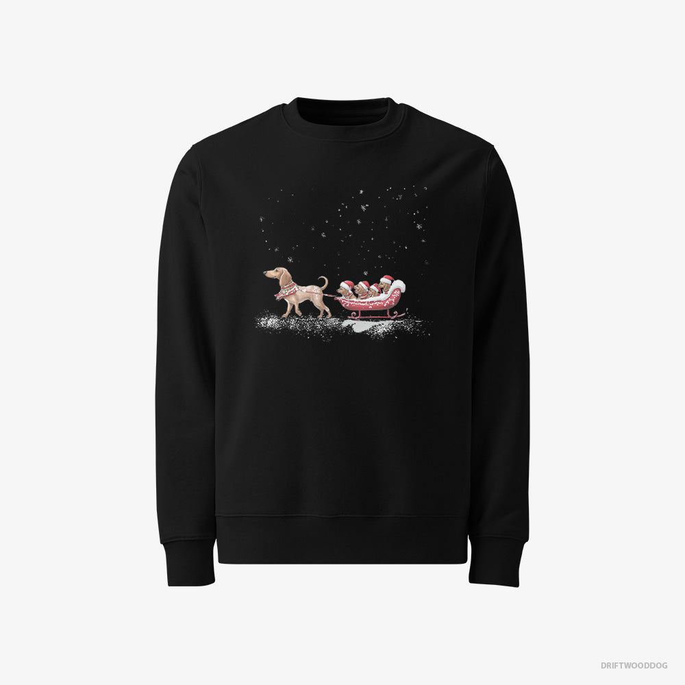 Dachshund Sweatshirt – Men Black Sweatshirt Classic – Sledding with Little Puppies (on White Background)