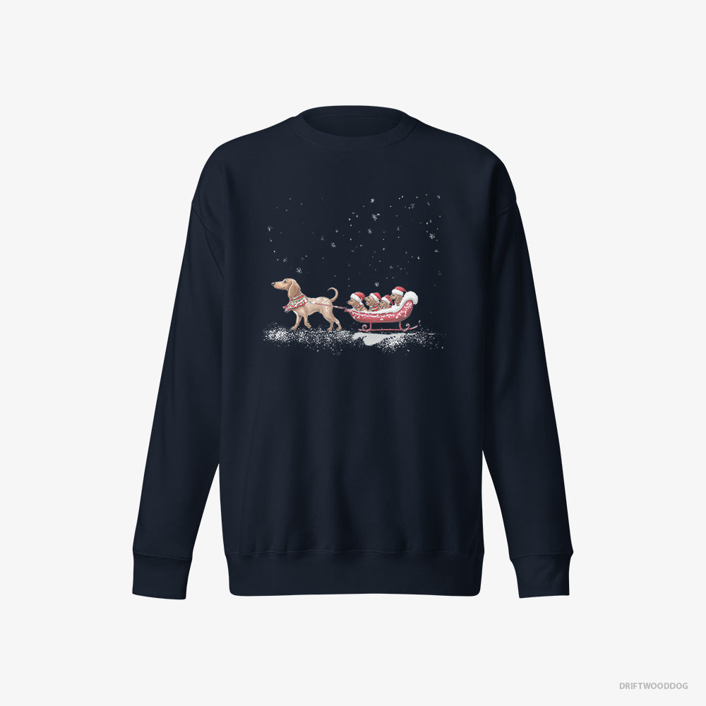 Dachshund Sweatshirt – Men Navy Sweatshirt Eco-Friendly – Sledding with Little Puppies (on White Background)