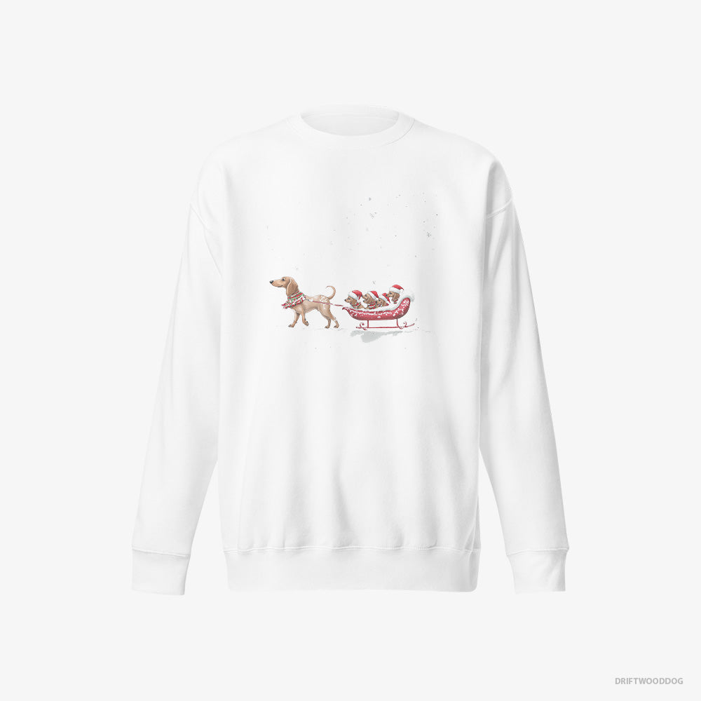 Dachshund Sweatshirt – Women White Sweatshirt Eco-Friendly – Sledding with Little Puppies (on White Background)