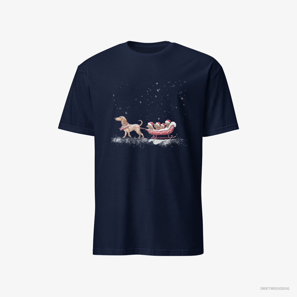 Dachshund T-Shirt – Men Navy T-Shirt Classic – Sledding with Little Puppies (on White Background)