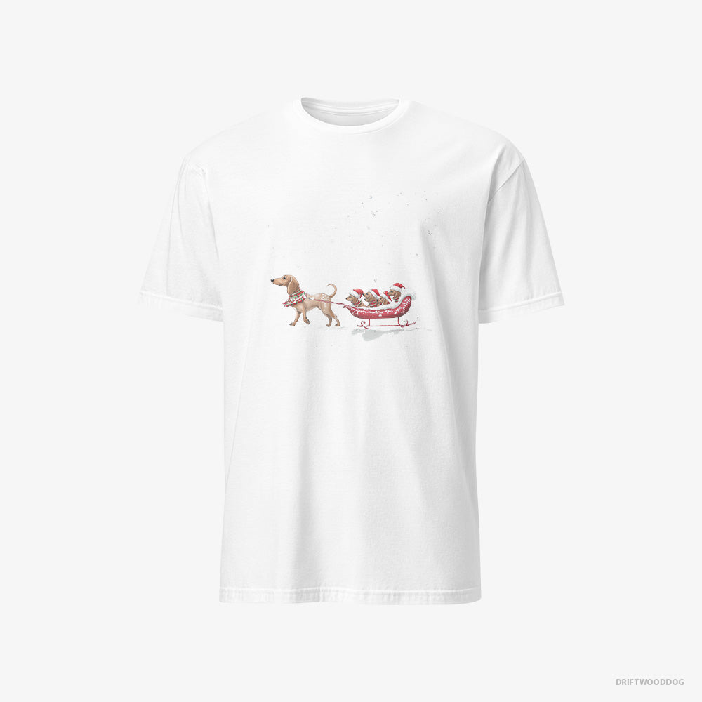 Dachshund T-Shirt – Men White T-Shirt Classic – Sledding with Little Puppies (on White Background)