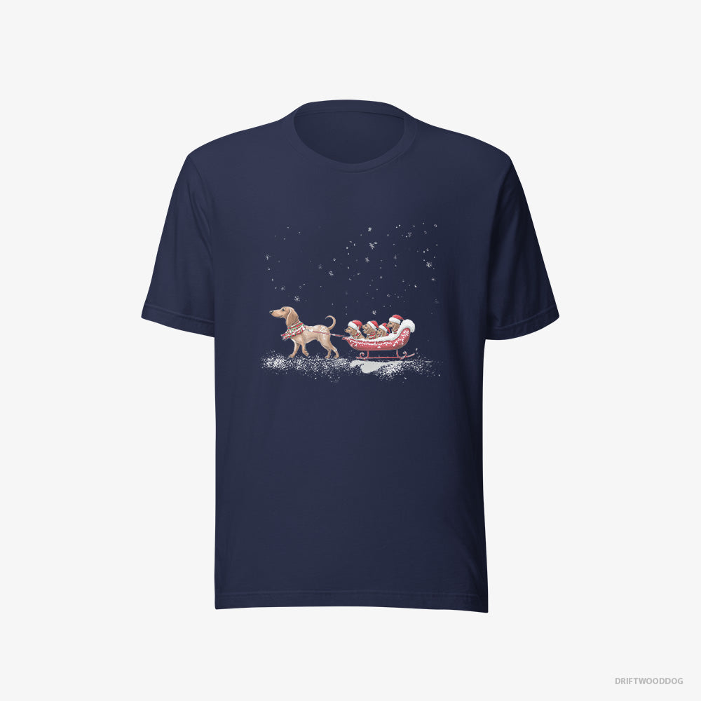 Dachshund T-Shirt – Men Navy T-Shirt Eco-Friendly – Sledding with Little Puppies (on White Background)