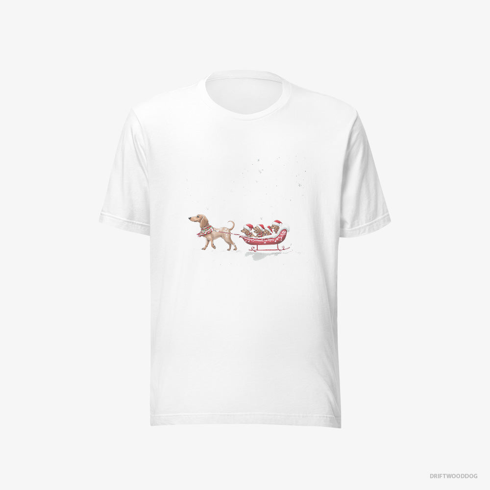 Dachshund T-Shirt – Men White T-Shirt Eco-Friendly – Sledding with Little Puppies (on White Background)