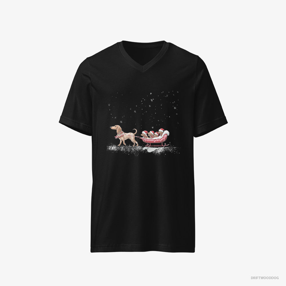 Dachshund T-Shirt – Men Black T-Shirt V-Neck – Sledding with Little Puppies (on White Background)