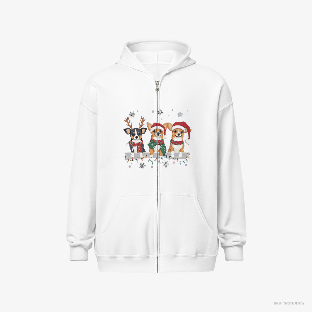 Corgi Hoodie – Men White Hoodie Full-Zip – Puppies in a Jolly Christmas Mood (on White Background)