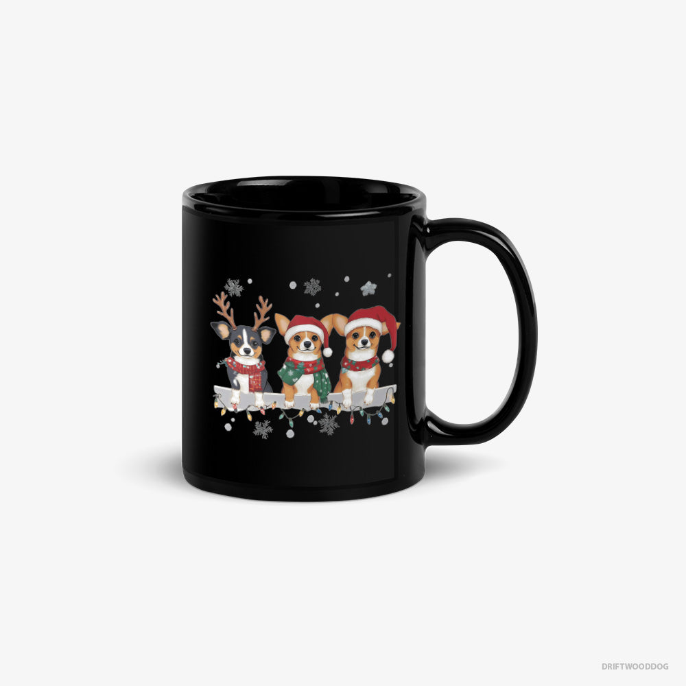 Corgi Mug – Unisex Black Mug Classic – Puppies in a Jolly Christmas Mood (on White Background)