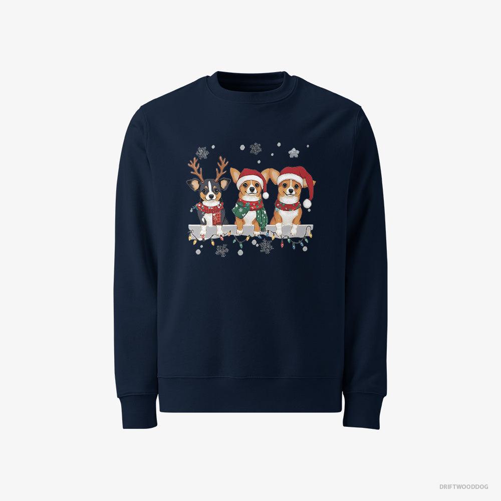 Corgi Sweatshirt – Men Navy Sweatshirt Classic – Puppies in a Jolly Christmas Mood (on White Background)