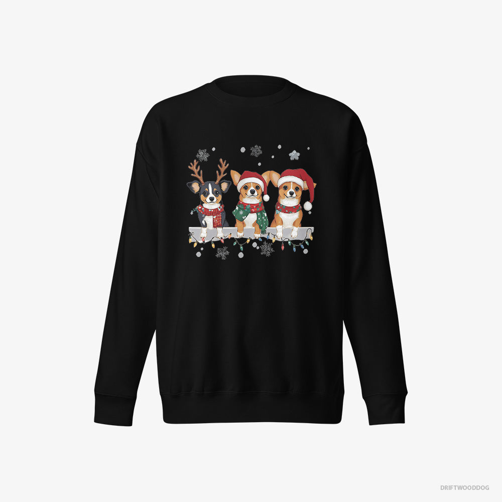 Corgi Sweatshirt – Men Black Sweatshirt Eco-Friendly – Puppies in a Jolly Christmas Mood (on White Background)