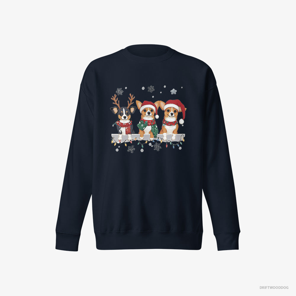 Corgi Sweatshirt – Women Navy Sweatshirt Eco-Friendly – Puppies in a Jolly Christmas Mood (on White Background)