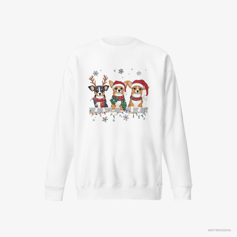 Corgi Sweatshirt – Men White Sweatshirt Eco-Friendly – Puppies in a Jolly Christmas Mood (on White Background)