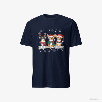 Corgi T-Shirt – Men Navy T-Shirt Classic – Puppies in a Jolly Christmas Mood (on White Background)