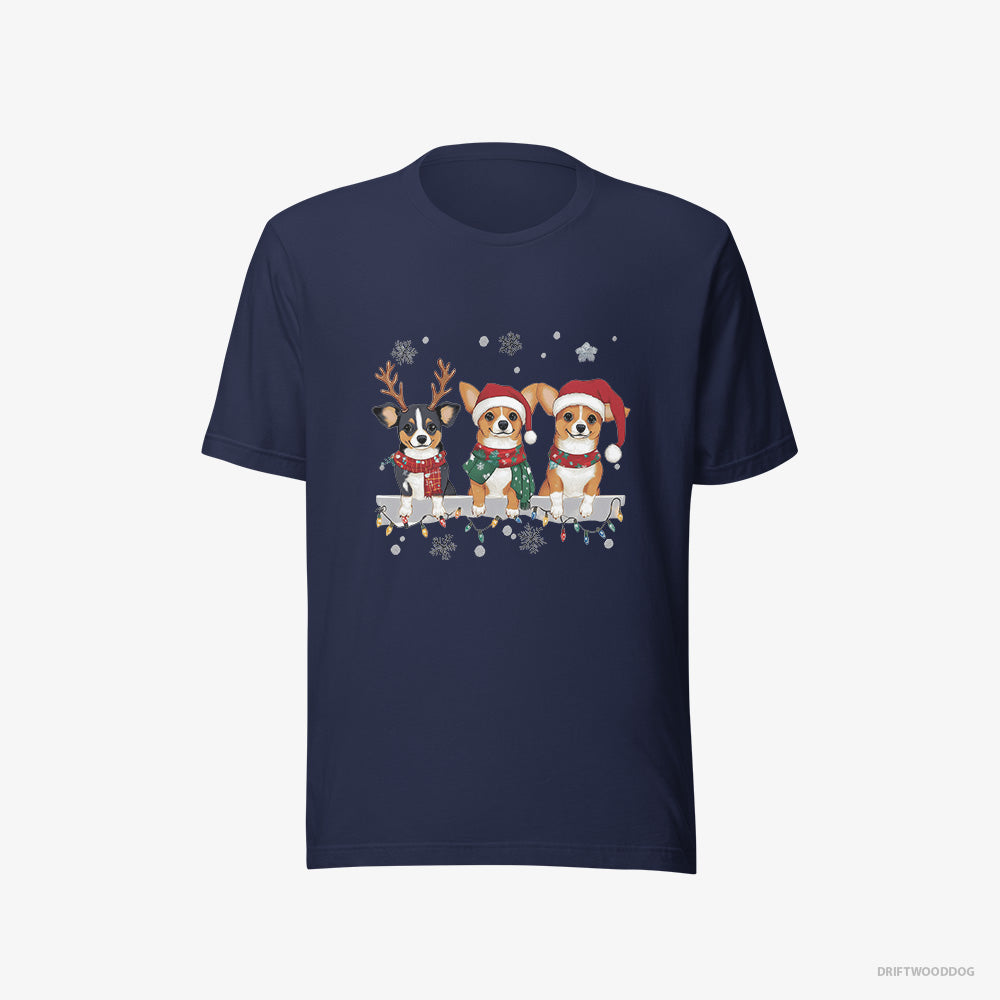 Corgi T-Shirt – Men Navy T-Shirt Eco-Friendly – Puppies in a Jolly Christmas Mood (on White Background)