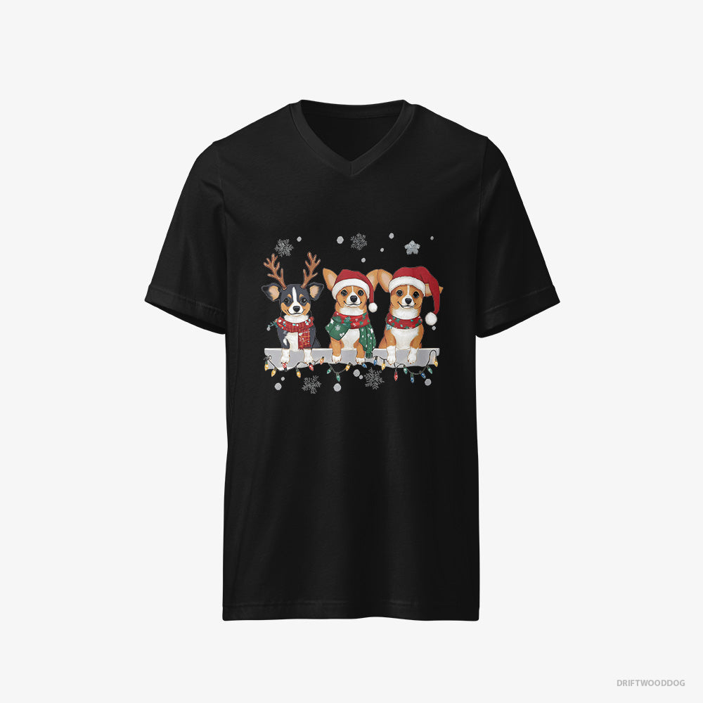 Corgi T-Shirt – Men Black T-Shirt V-Neck – Puppies in a Jolly Christmas Mood (on White Background)