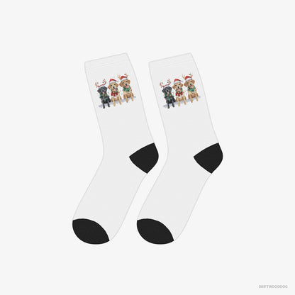 Golden Retriever Socks – Unisex White Socks Classic – Puppies in the Christmas Spirit (on White Background)