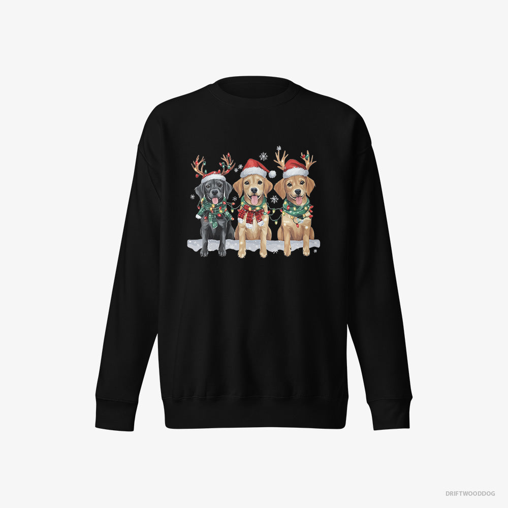 Golden Retriever Sweatshirt – Men Black Sweatshirt Eco-Friendly – Puppies in the Christmas Spirit (on White Background)